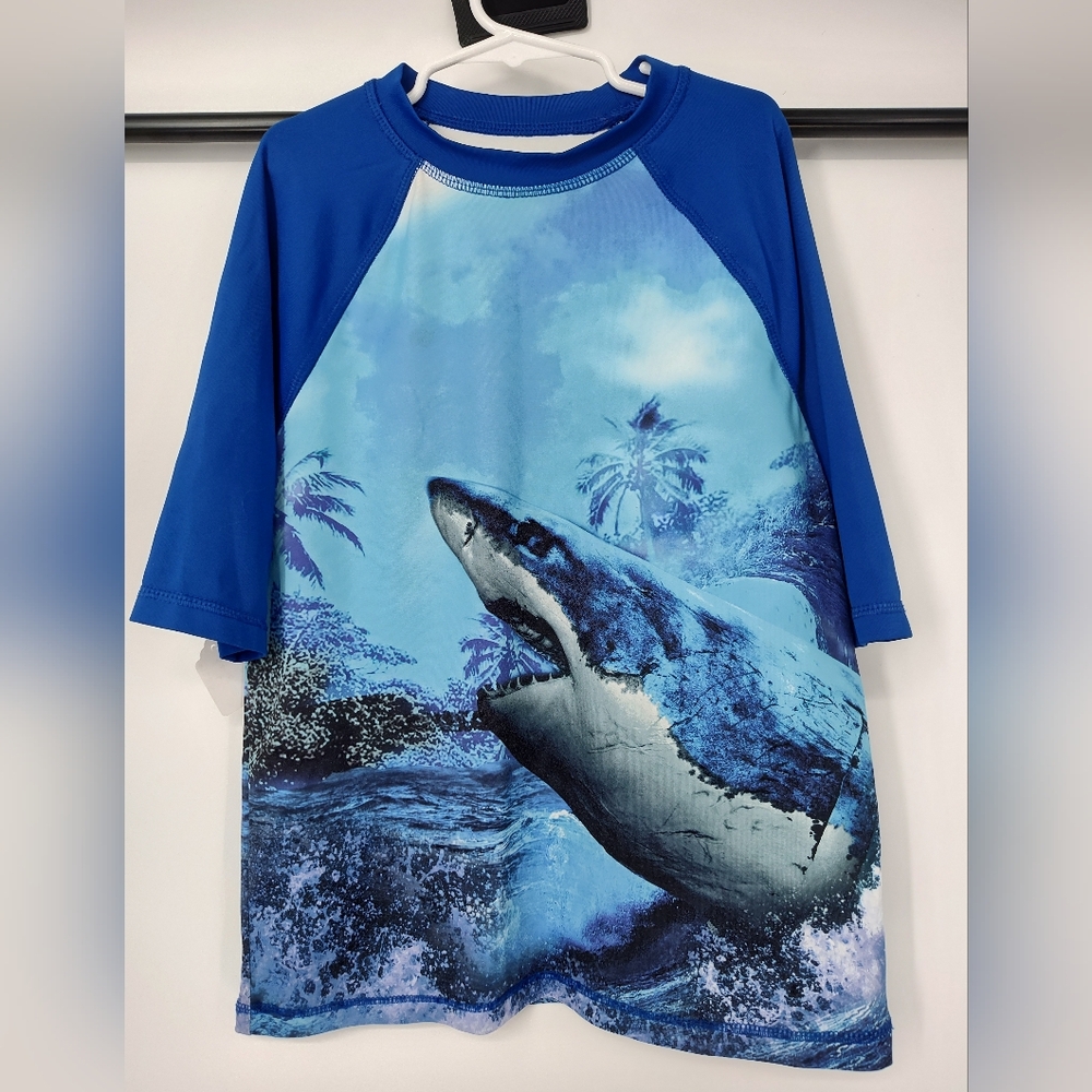 Wonder Nation Blue Shark Rashguard Swim Sun Short Sleeve Shirt Boys Large 10/12